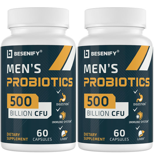 Besenify Probiotics for Men bottle with 60 capsules for gut health on the go.