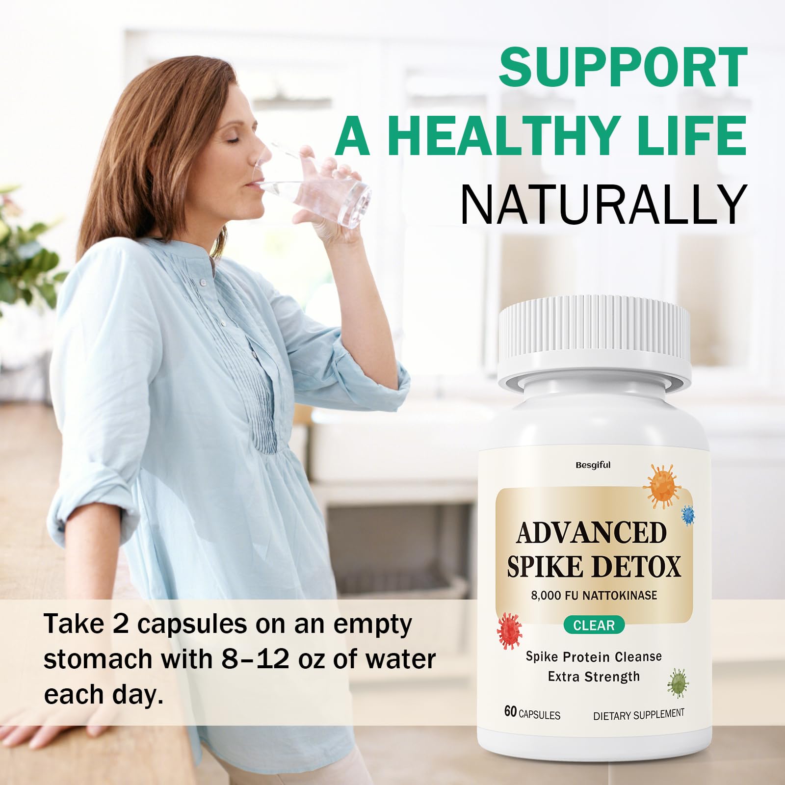 Besgiful Advanced Spike Detox ingredients featuring nattokinase, bromelain and curcumin