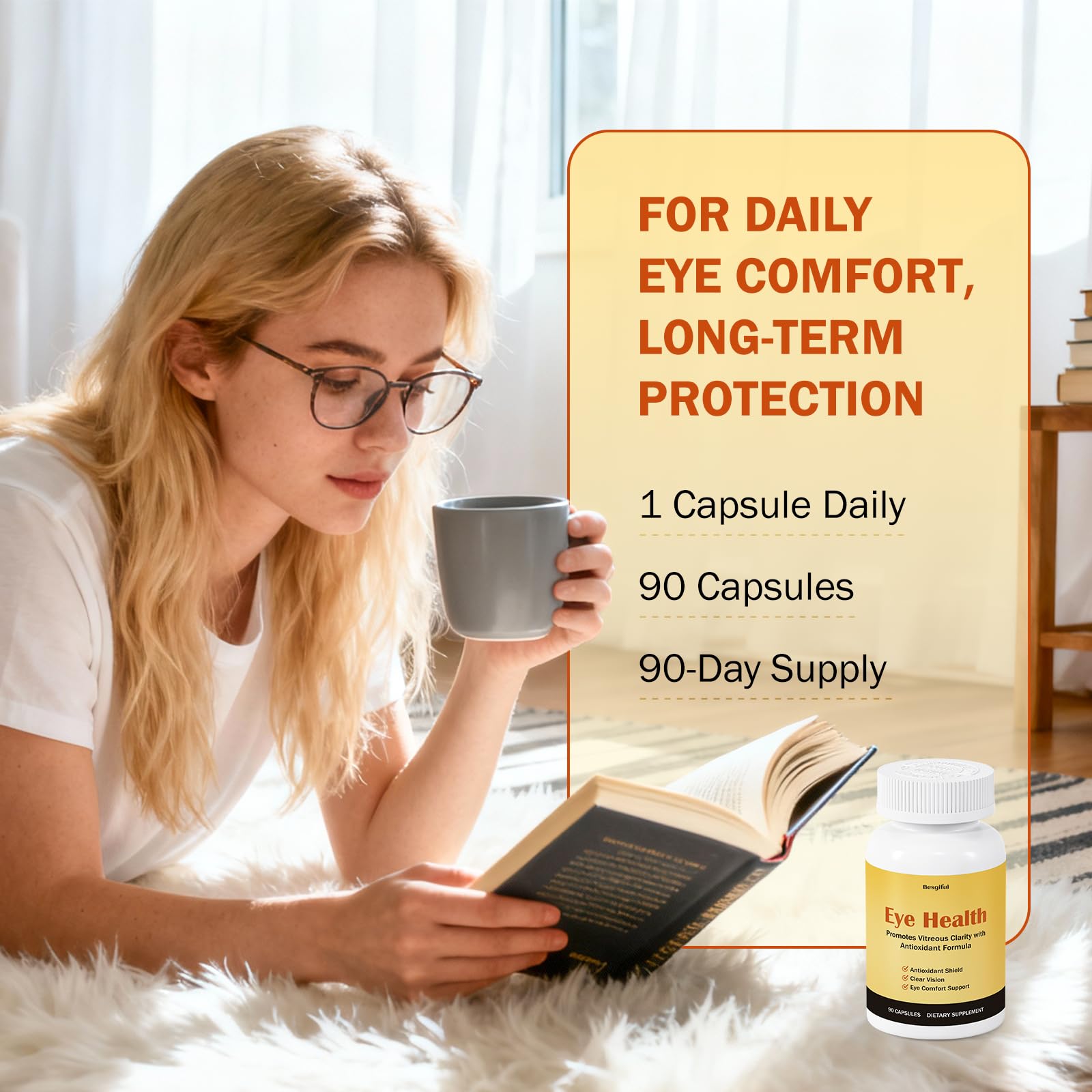 Besgiful Eye Supplement daily use scene highlighting gentle, non-GMO formula.