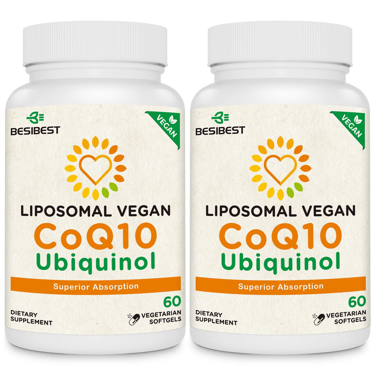 Besibest 1000mg liposomal ubiquinol bottle pour highlights vegan softgels for energy support.