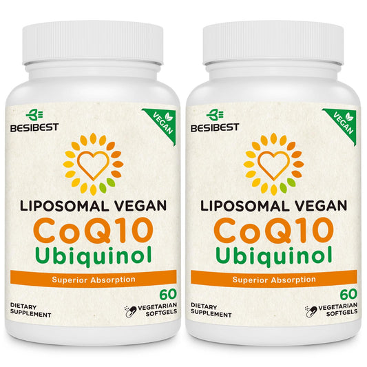 Besibest 1000mg liposomal ubiquinol bottle pour highlights vegan softgels for energy support.