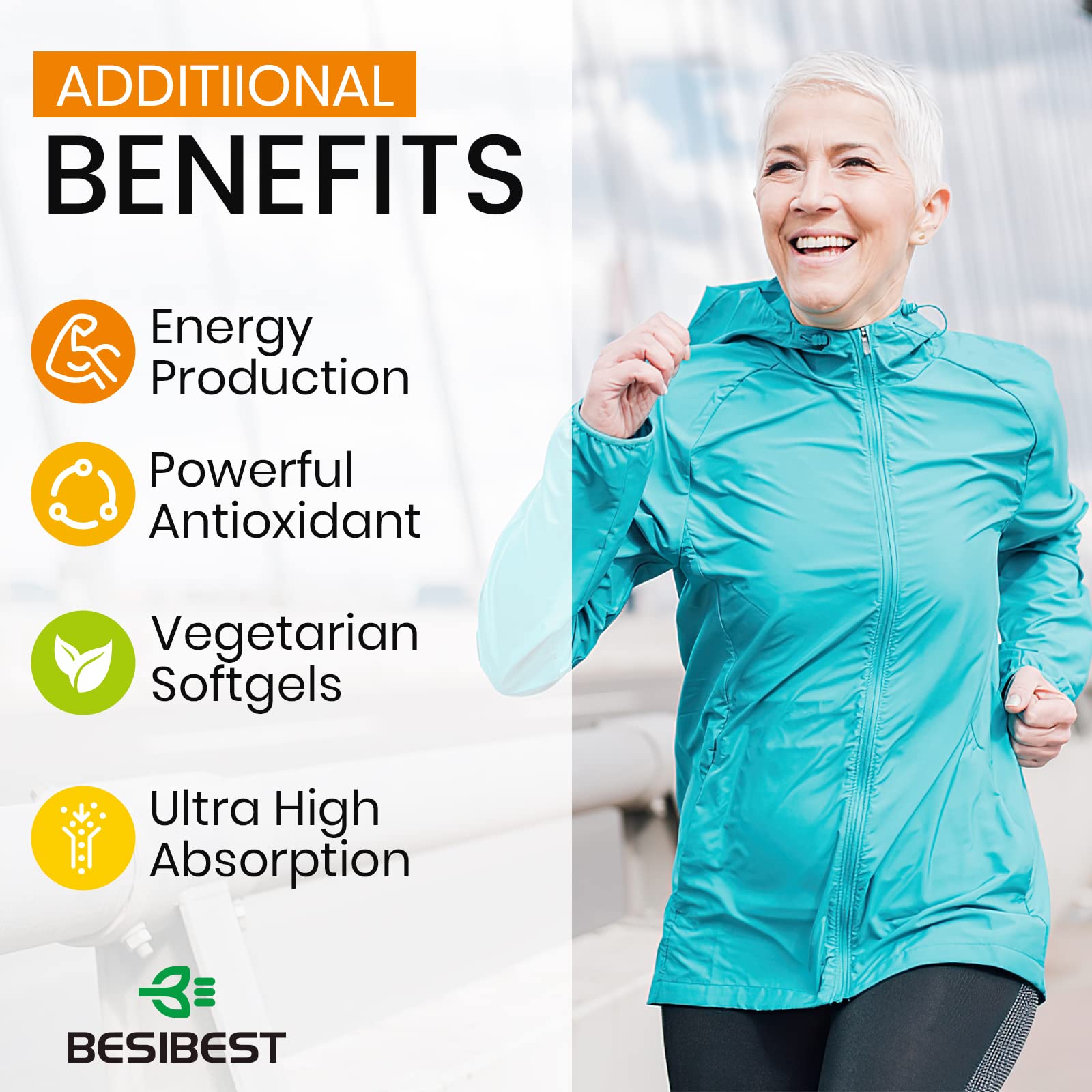 Besibest 1000mg ubiquinol bottle on desk with energy-themed background.