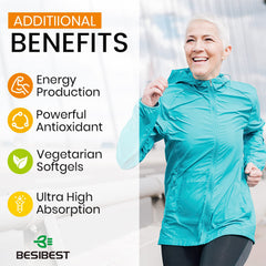 Besibest 1000mg ubiquinol bottle on desk with energy-themed background.