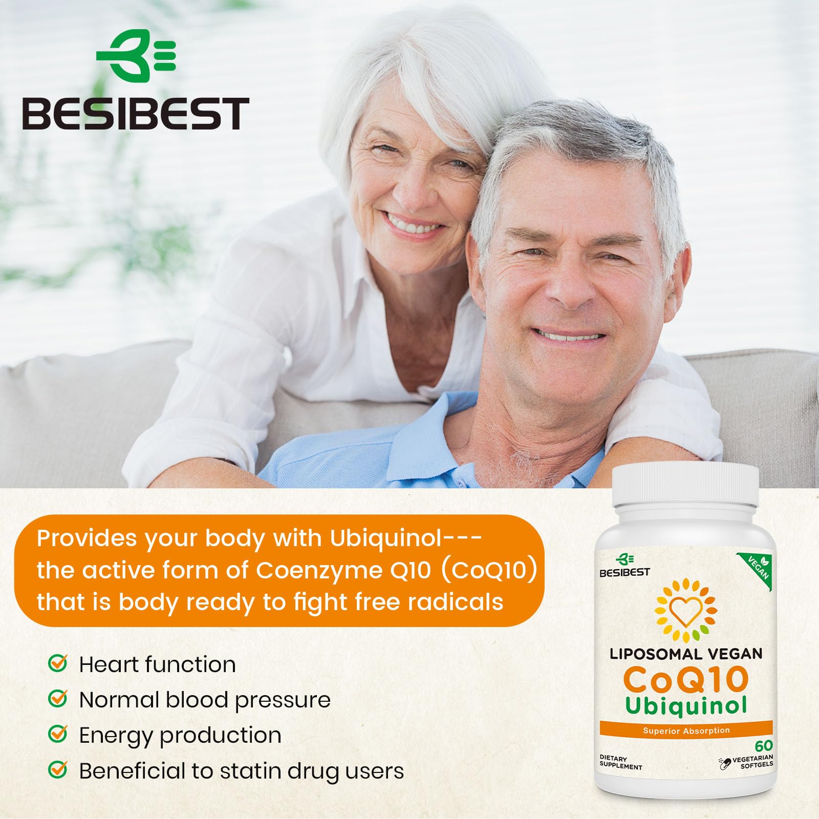 Besibest 1000mg softgels on white background, vegan formula highlighted.