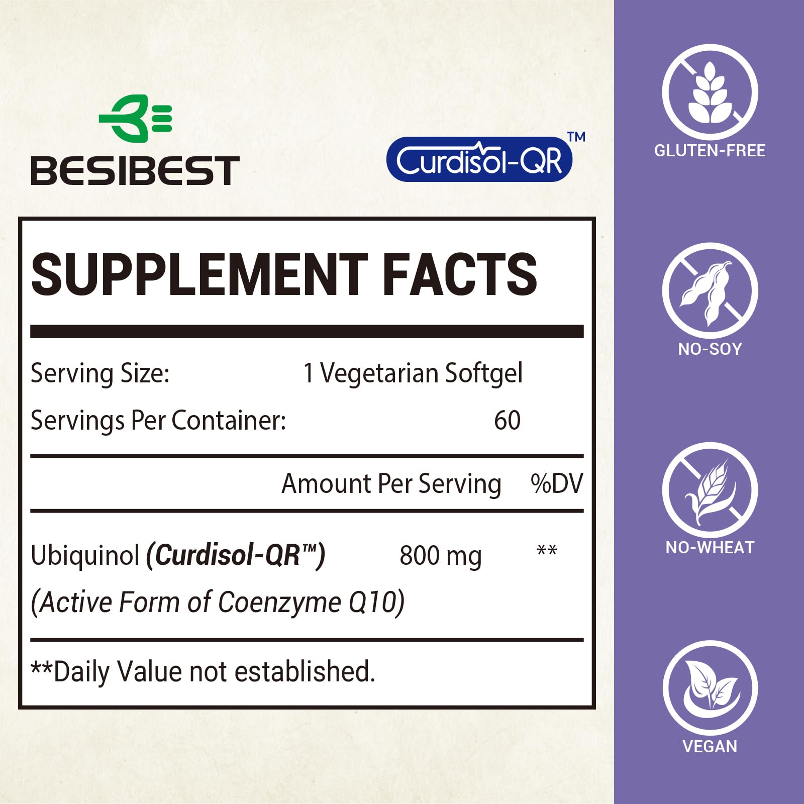 Besibest liposomal ubiquinol 800mg softgel bottle highlights easy-to-take daily antioxidant support.