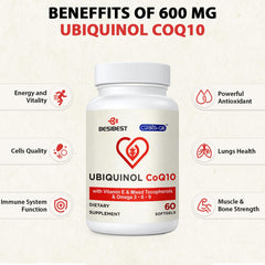 Besibest non-GMO gluten-free CoQ10 softgels on a white background.