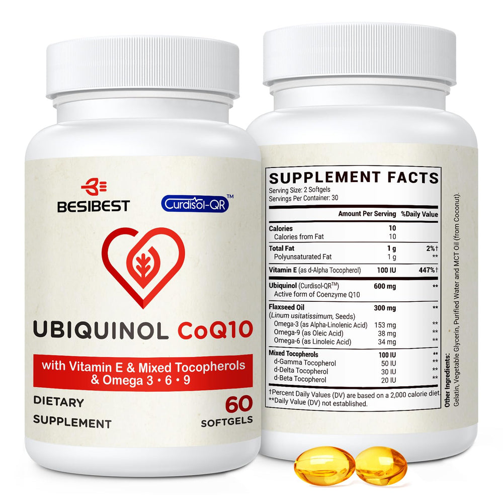 Besibest Ubiquinol 600mg softgel bottle showing high absorption CoQ10.