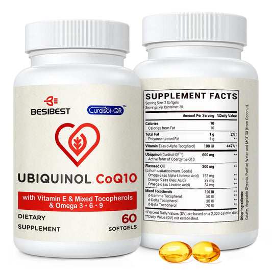 Besibest Ubiquinol 600mg softgel bottle showing high absorption CoQ10.