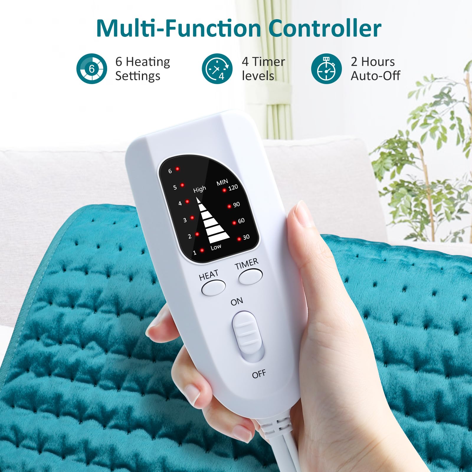 Besigila pad highlights 6 heat settings for customizable warmth and comfort.