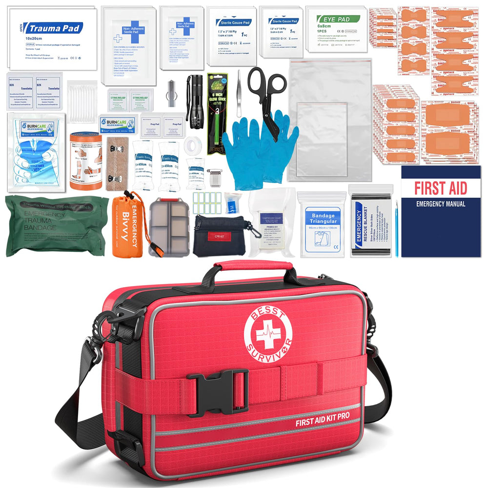 Besst Survivor comprehensive first aid kit front view for quick access in emergencies.