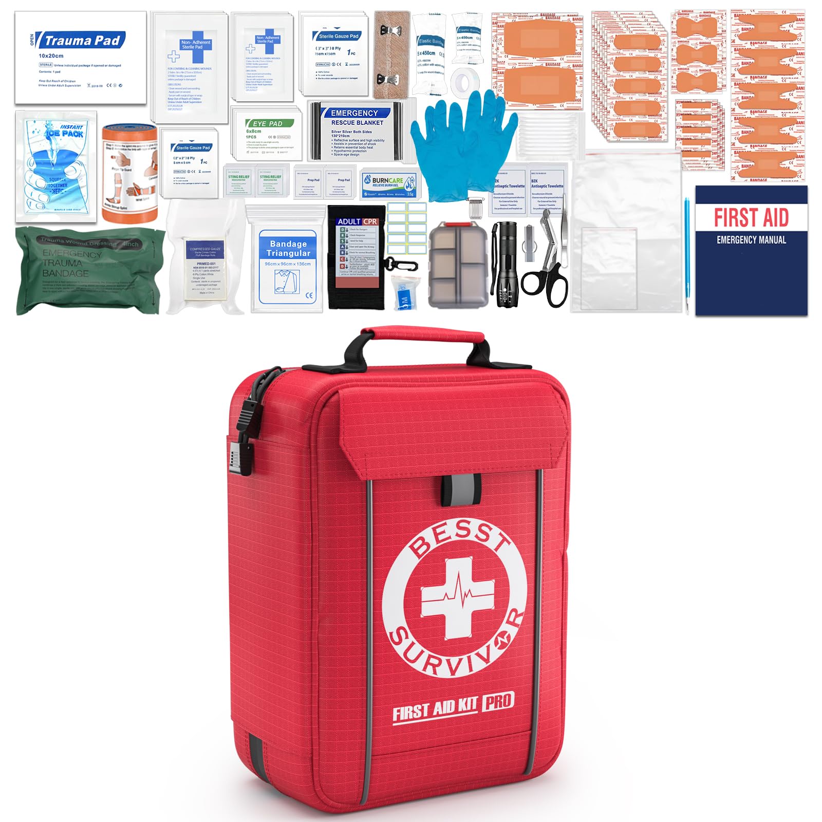 Besst Survivor first aid kit with labeled compartments for fast access during emergencies.