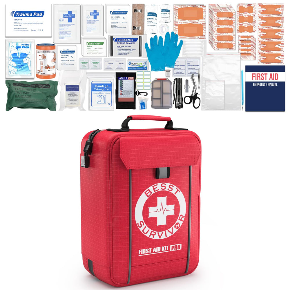Besst Survivor first aid kit with labeled compartments for fast access during emergencies.