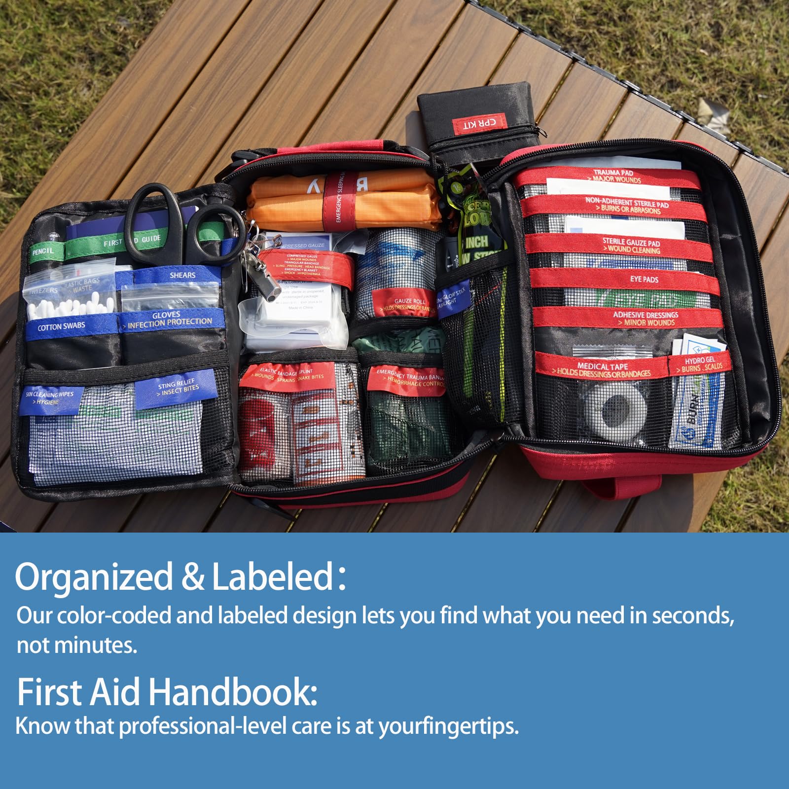Besst Survivor first aid bag organized with labeled compartments for easy item identification.