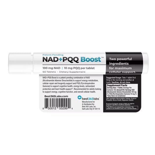 Best 365 Labs NADPQQ Boost bottle with tablets for daily energy support.