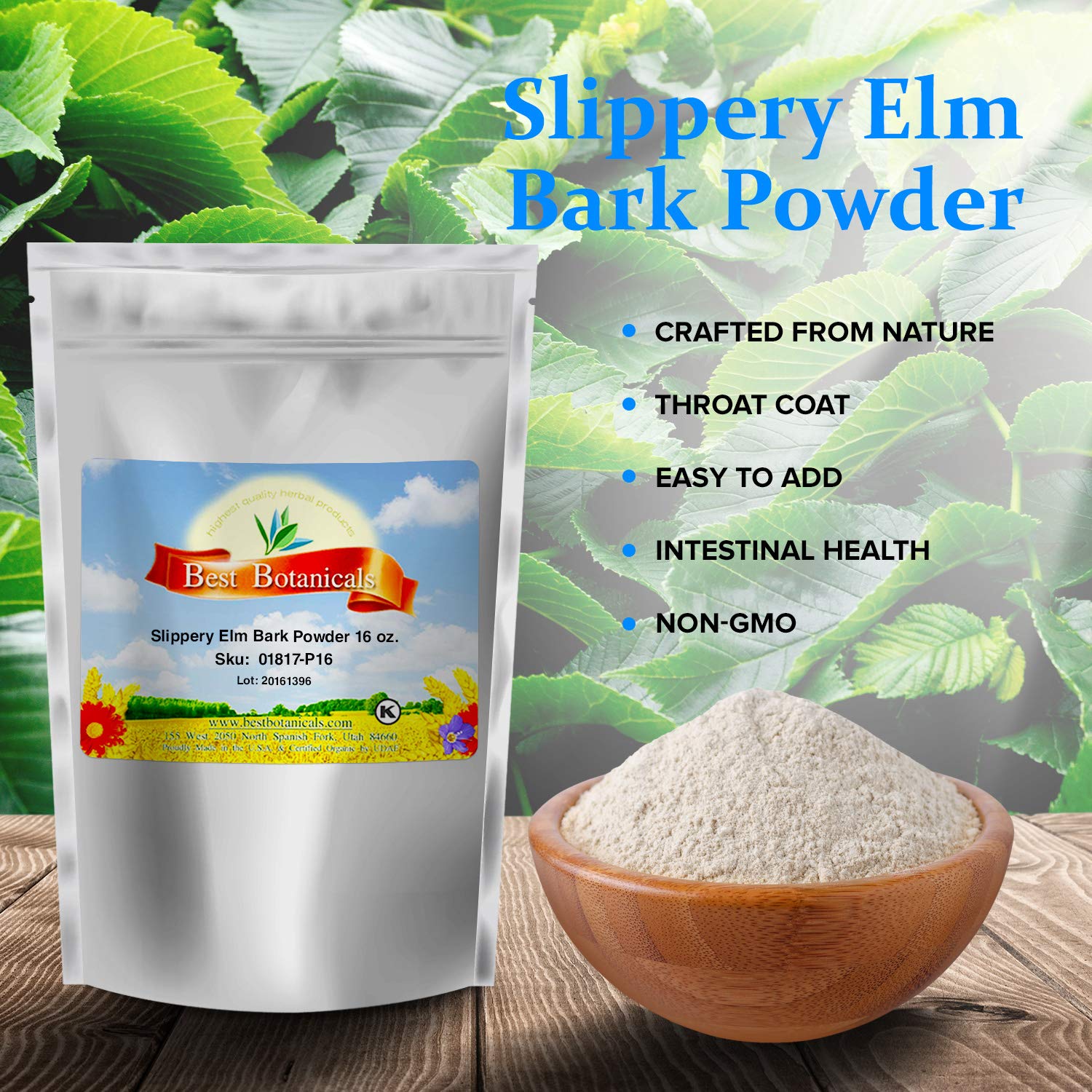 Best Botanicals slippery elm powder in a scoop shows fine texture for shakes and tea.