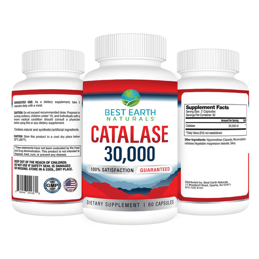 Best Earth Naturals catalase 30,000 capsules label showing potency and usage tips