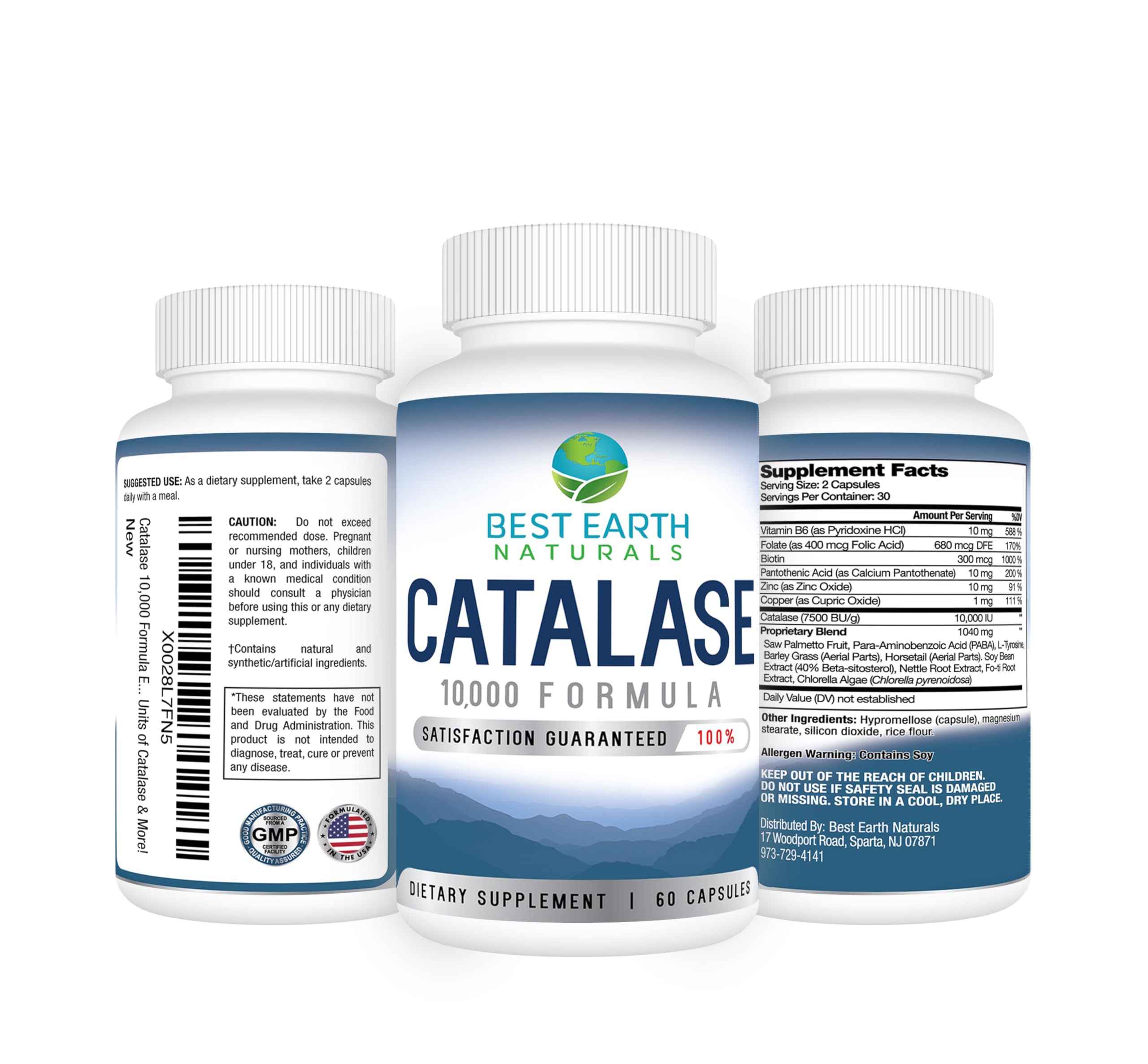 Best Earth Naturals catalase supplement label highlighting saw palmetto and biotin.