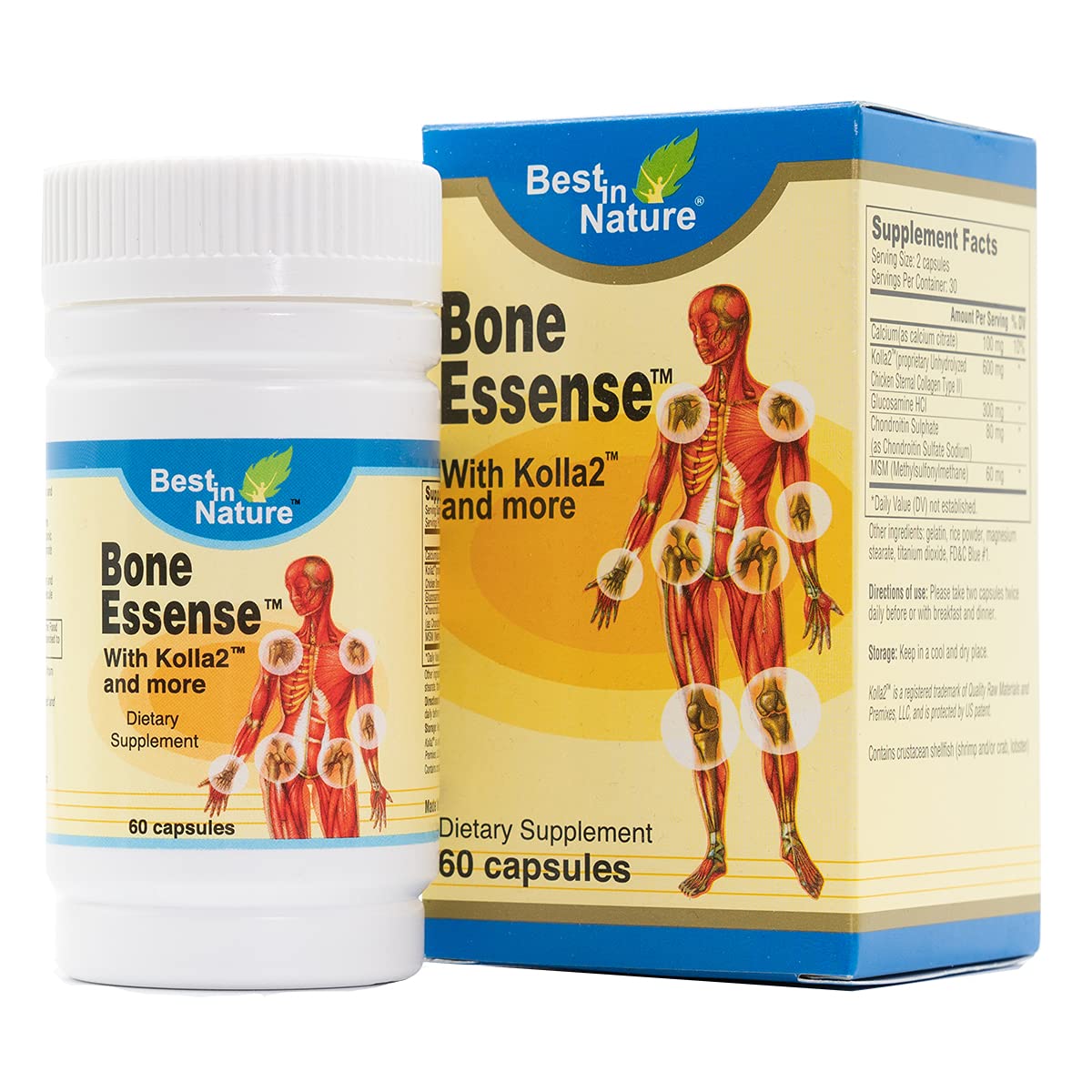Best in Nature Bone Essense bottle with Kolla2 label, highlighting Type II collagen support for joints.
