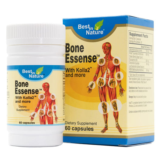 Best in Nature Bone Essense bottle with Kolla2 label, highlighting Type II collagen support for joints.