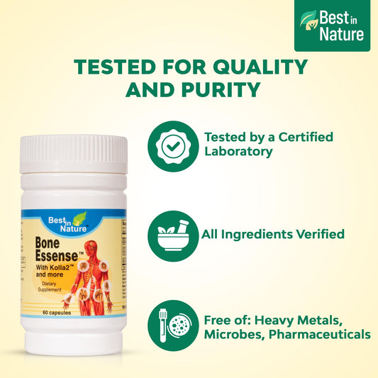 Best in Nature Bone Essense close-up of Kolla2 label, signaling collagen-based support for joints.