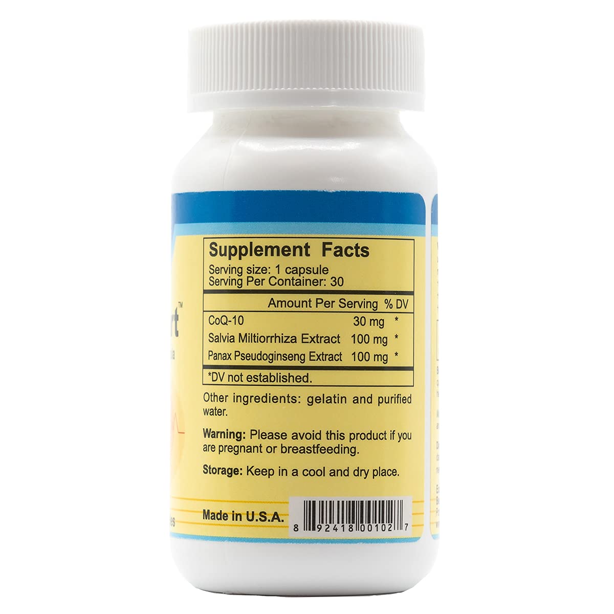 Best in Nature VigorHeart bottle label close-up highlighting CoQ10 and herbal blend.