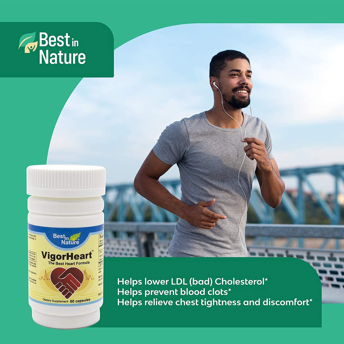 Best in Nature VigorHeart bottle on desk suggests daily wellness routine.