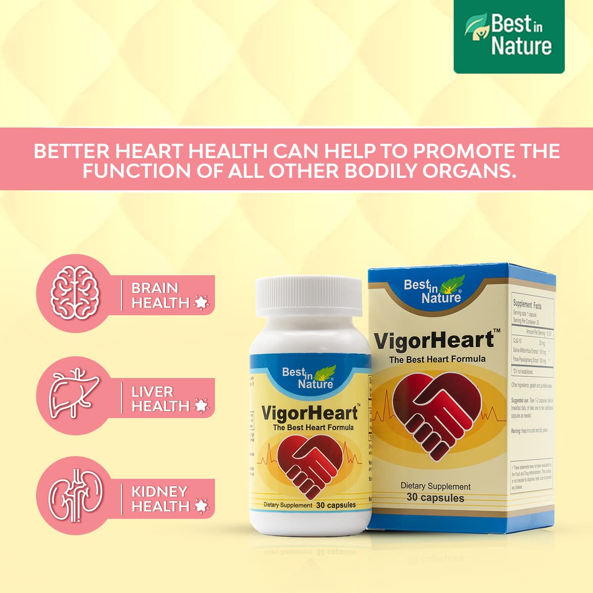 Best in Nature VigorHeart packaging box highlights USA-made CGMP facilities.