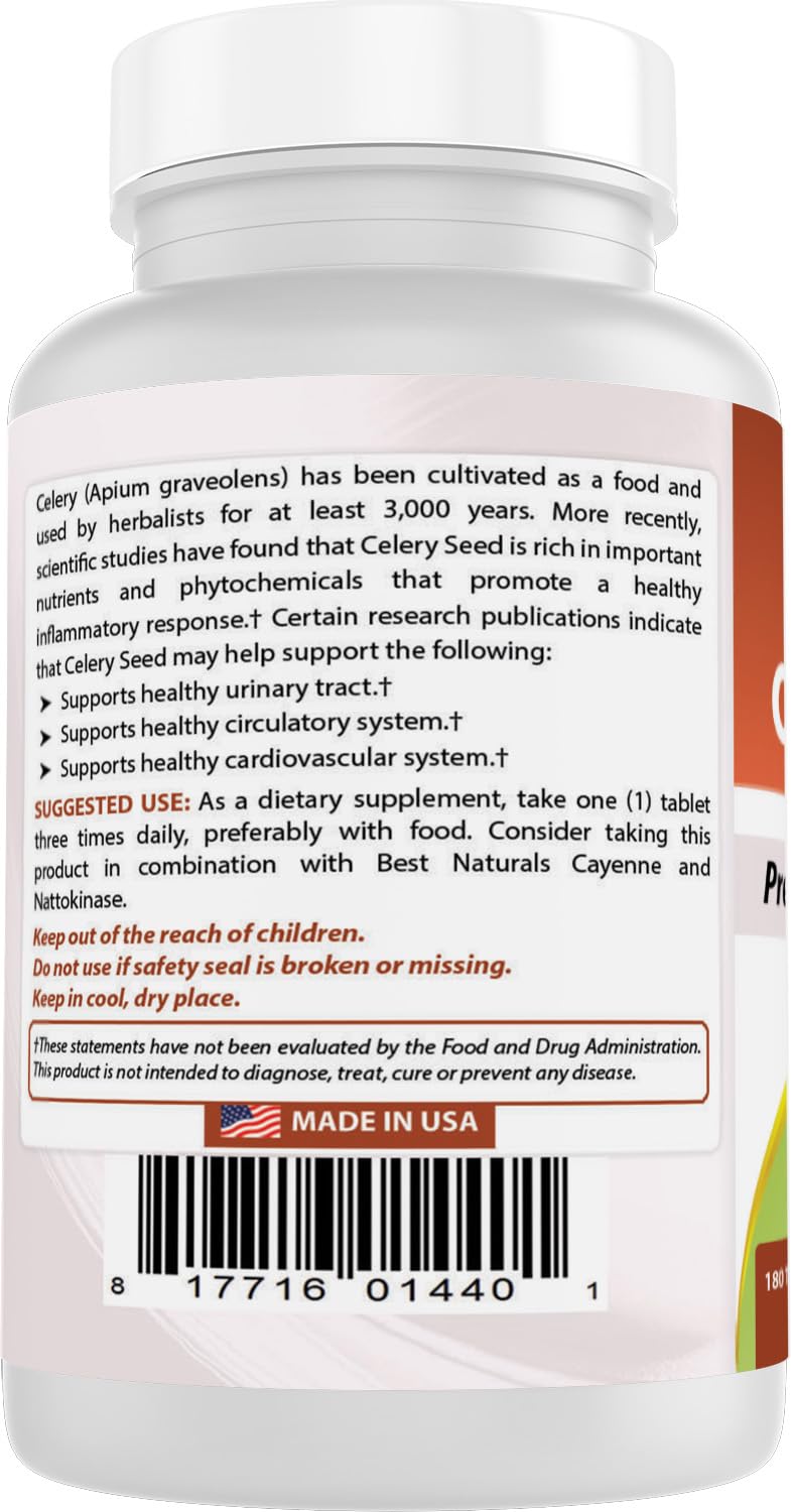 Best Naturals Celery Seed bottle displaying 180 tablets for long-term use.
