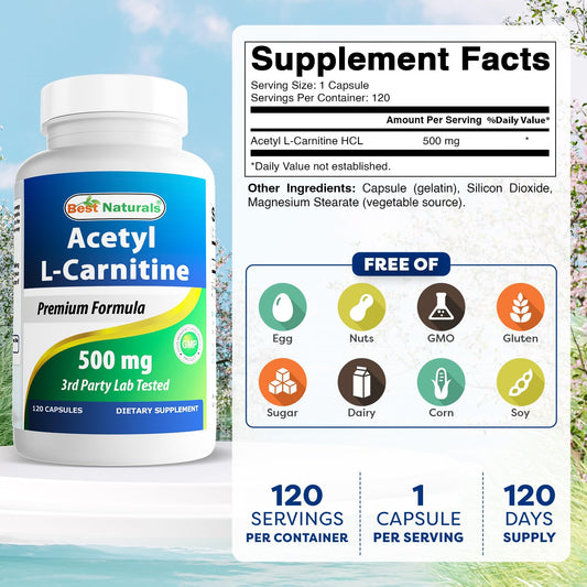 Close-up of Best Naturals ALCAR capsules for daily energy support.