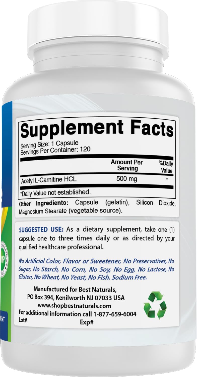 Best Naturals ALCAR capsules beside GMP facility emblem.