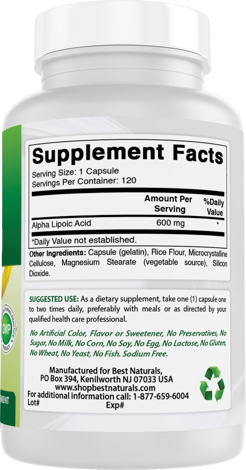 Best Naturals Alpha Lipoic Acid 600 mg bottle with allergen-free icons, clean labeling