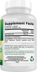 Best Naturals Alpha Lipoic Acid 600 mg bottle with allergen-free icons, clean labeling