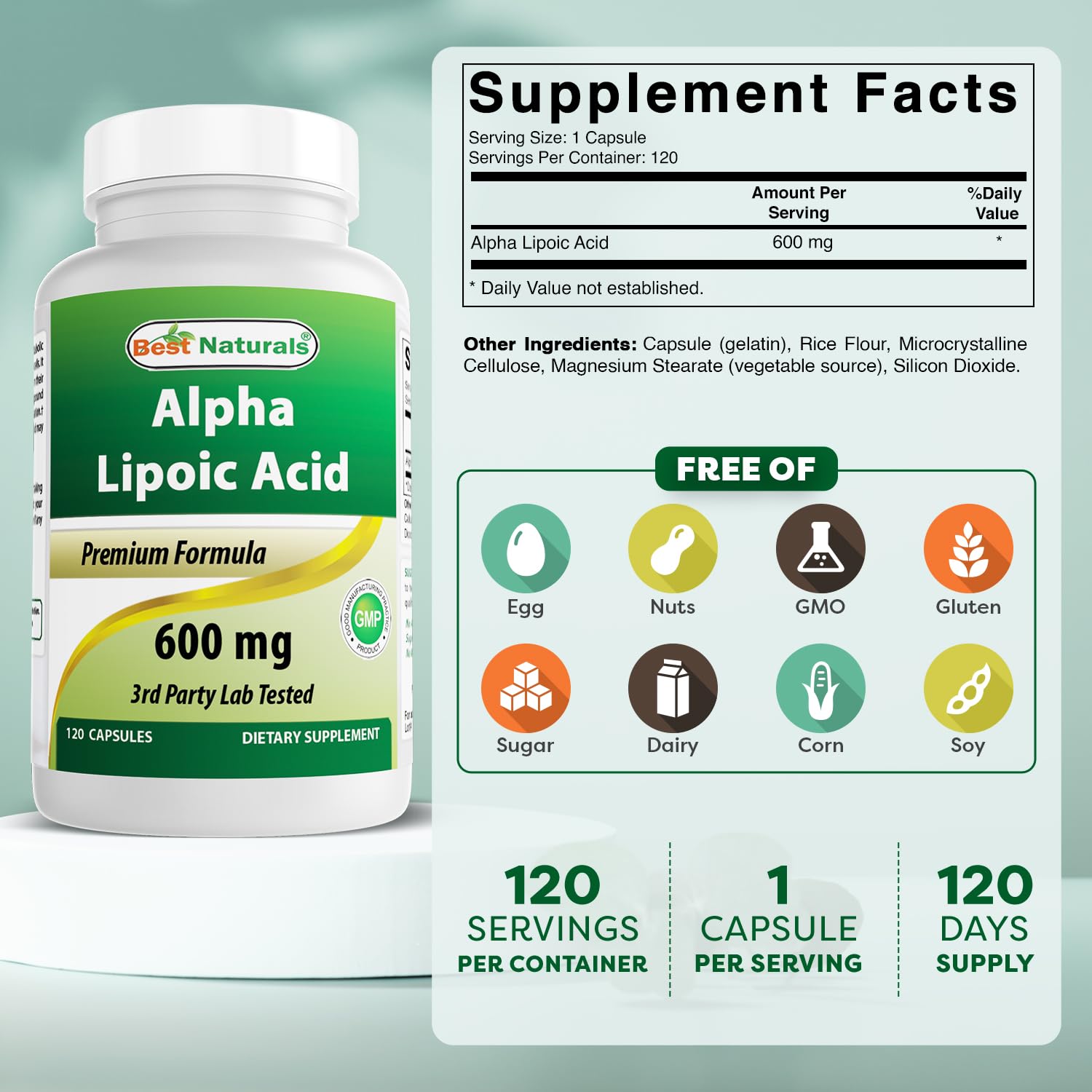 Best Naturals Alpha Lipoic Acid 600 mg bottle label detailing dosage and ingredients