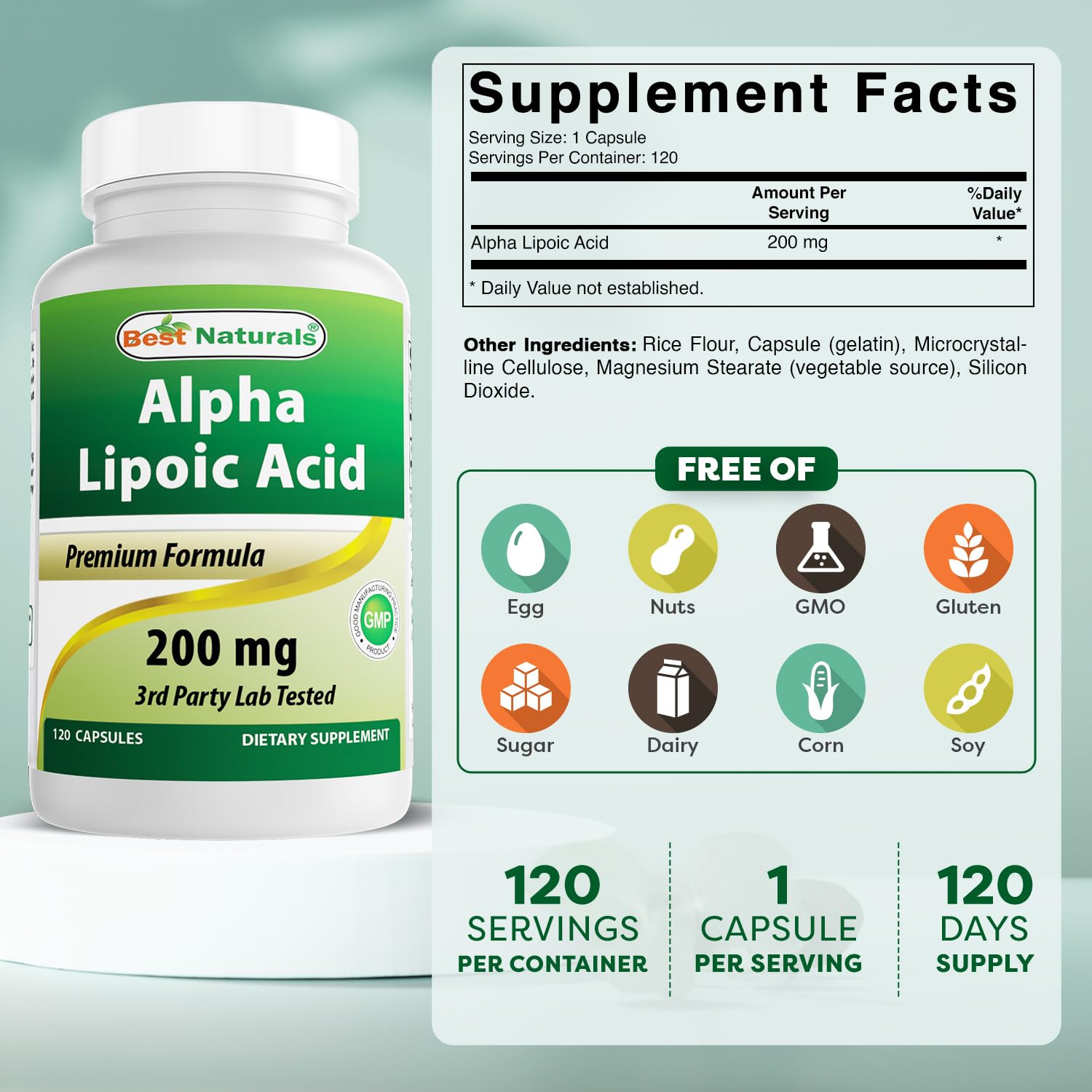 Best Naturals Alpha Lipoic Acid 200 mg bottle label highlighting purity and quality.
