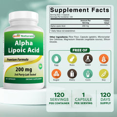 Best Naturals Alpha Lipoic Acid 200 mg bottle label highlighting purity and quality.