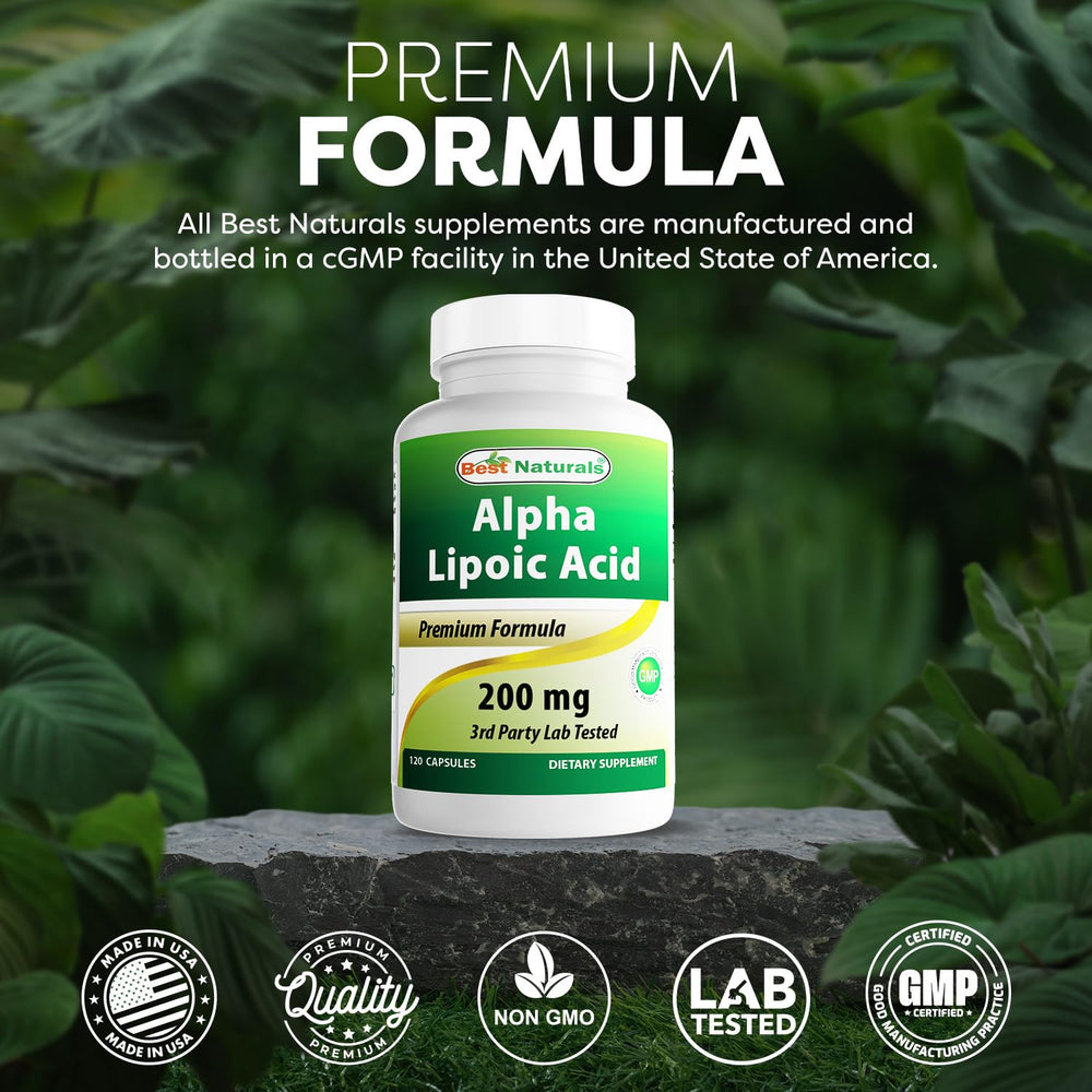 Best Naturals Alpha Lipoic Acid 200 mg produced in a GMP-compliant facility.