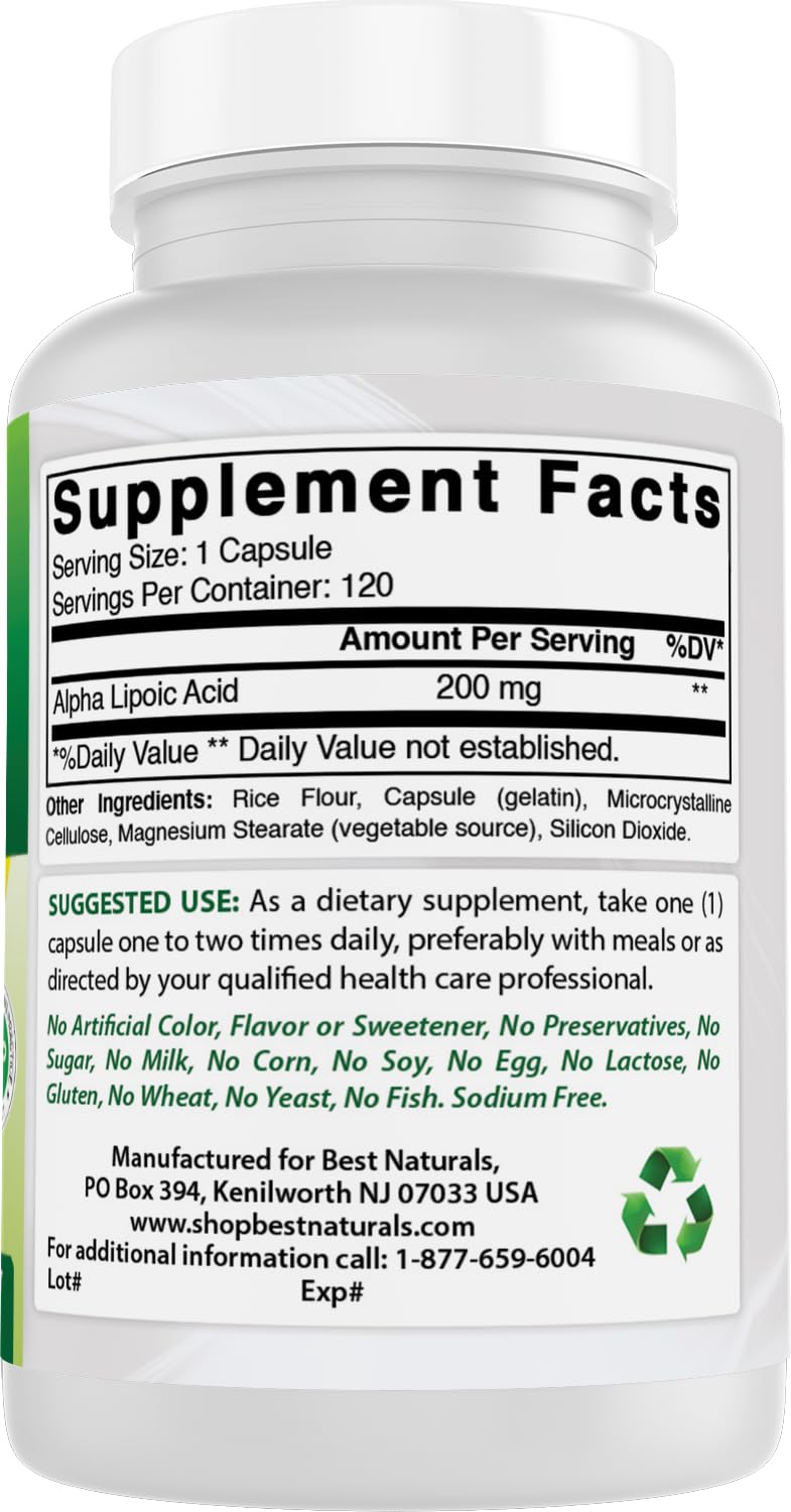 Best Naturals Alpha Lipoic Acid 200 mg is Non-GMO and gluten-free.
