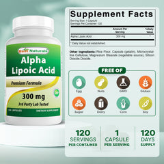 Close-up of Best Naturals 300 mg alpha lipoic acid capsules for daily use