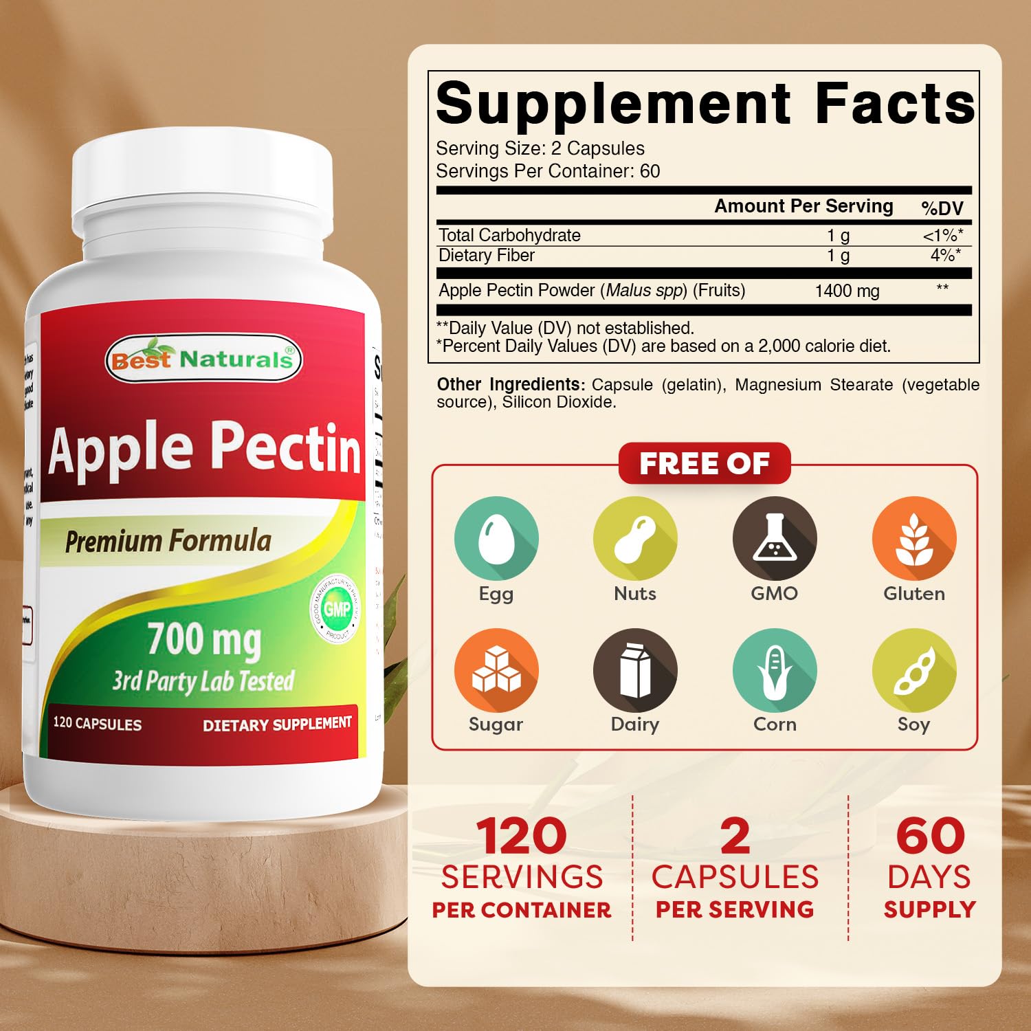 Best Naturals Apple Pectin capsules close-up highlighting 700 mg per capsule