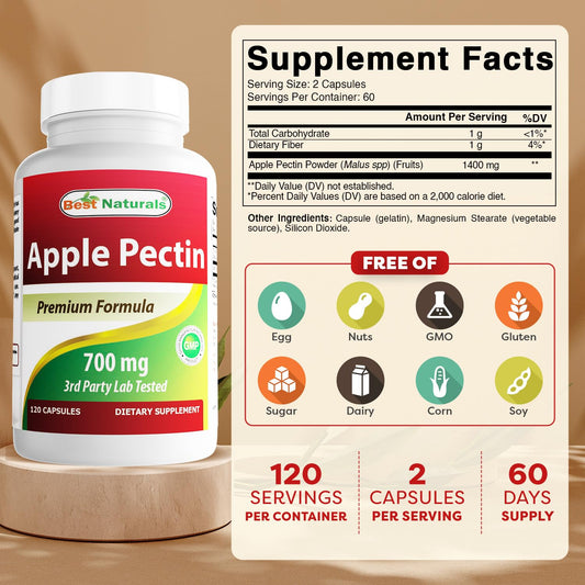Best Naturals Apple Pectin capsules close-up highlighting 700 mg per capsule
