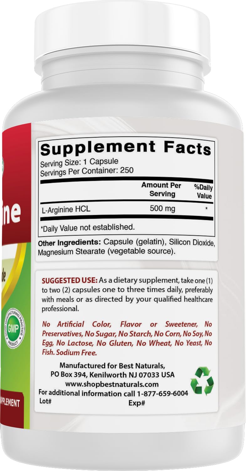 Best Naturals L-Arginine capsules on white background, easy-to-scan label