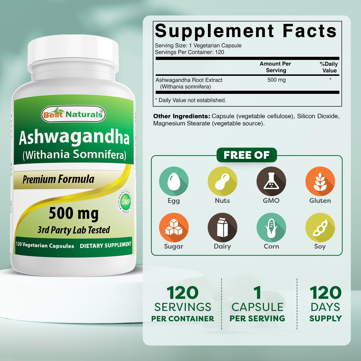 Best Naturals Ashwagandha 500mg bottle back with label details and purity cues.