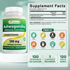 Best Naturals Ashwagandha 500mg bottle back with label details and purity cues.