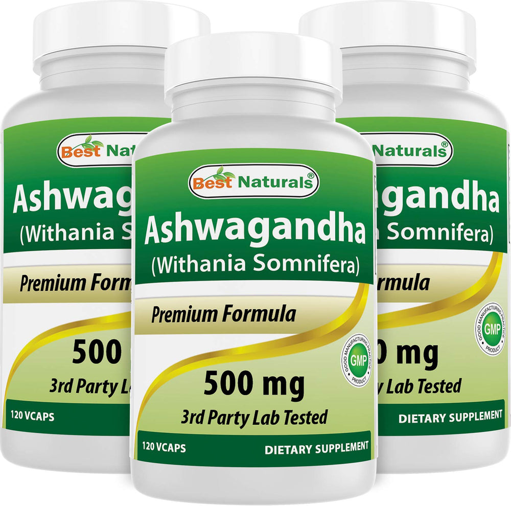 Best Naturals Ashwagandha 500mg bottle front, premium herbal supplement for daily balance.