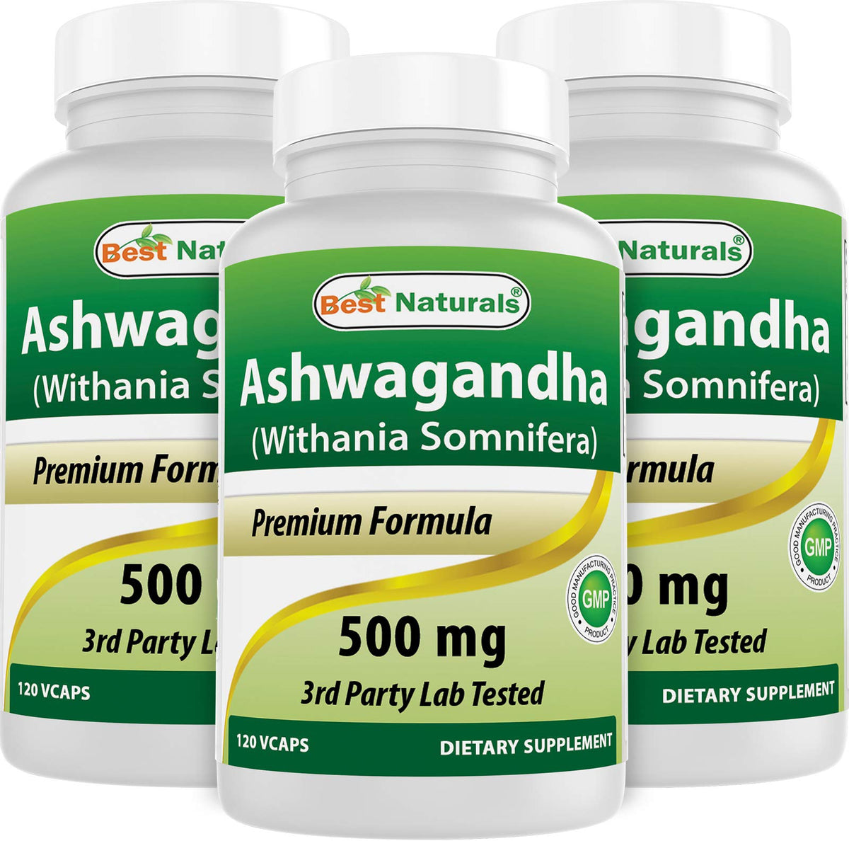 Best Naturals Ashwagandha 500mg bottle front, premium herbal supplement for daily balance.