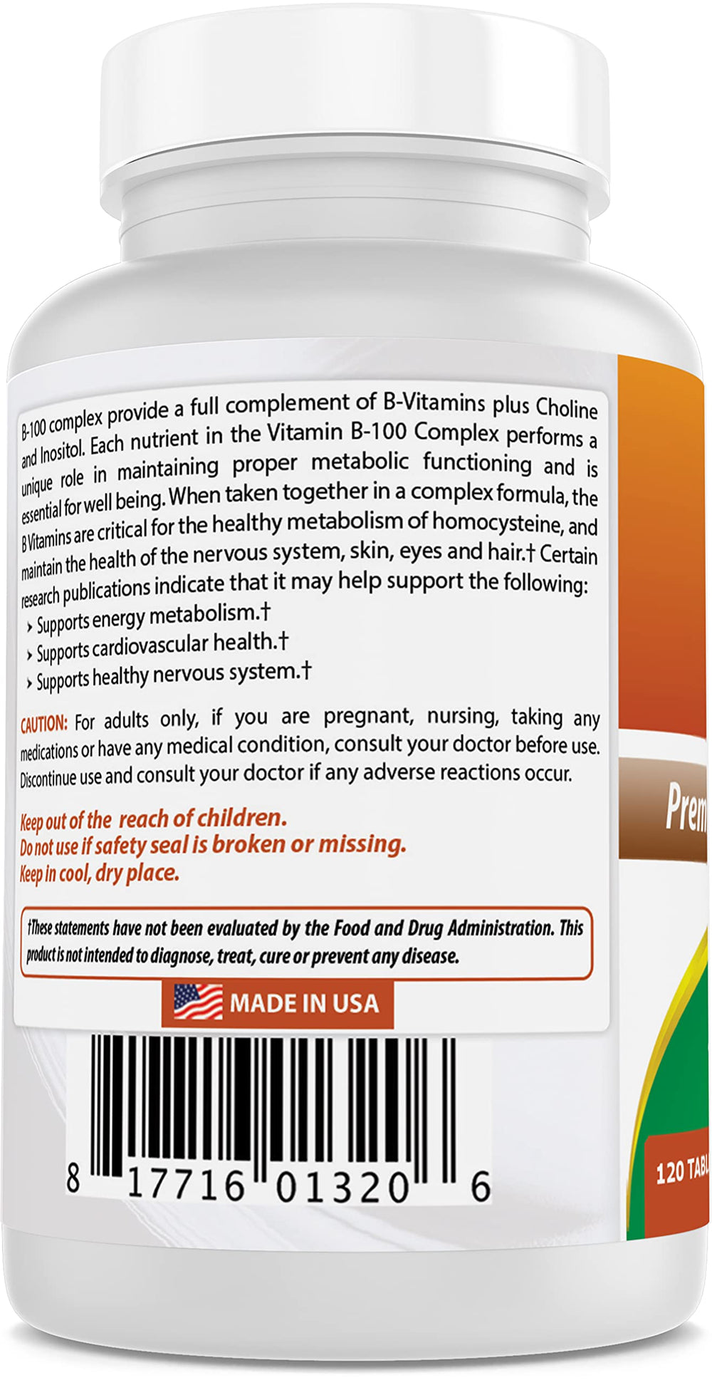 Non-GMO and gluten-free badges with Best Naturals B-100 Complex logo