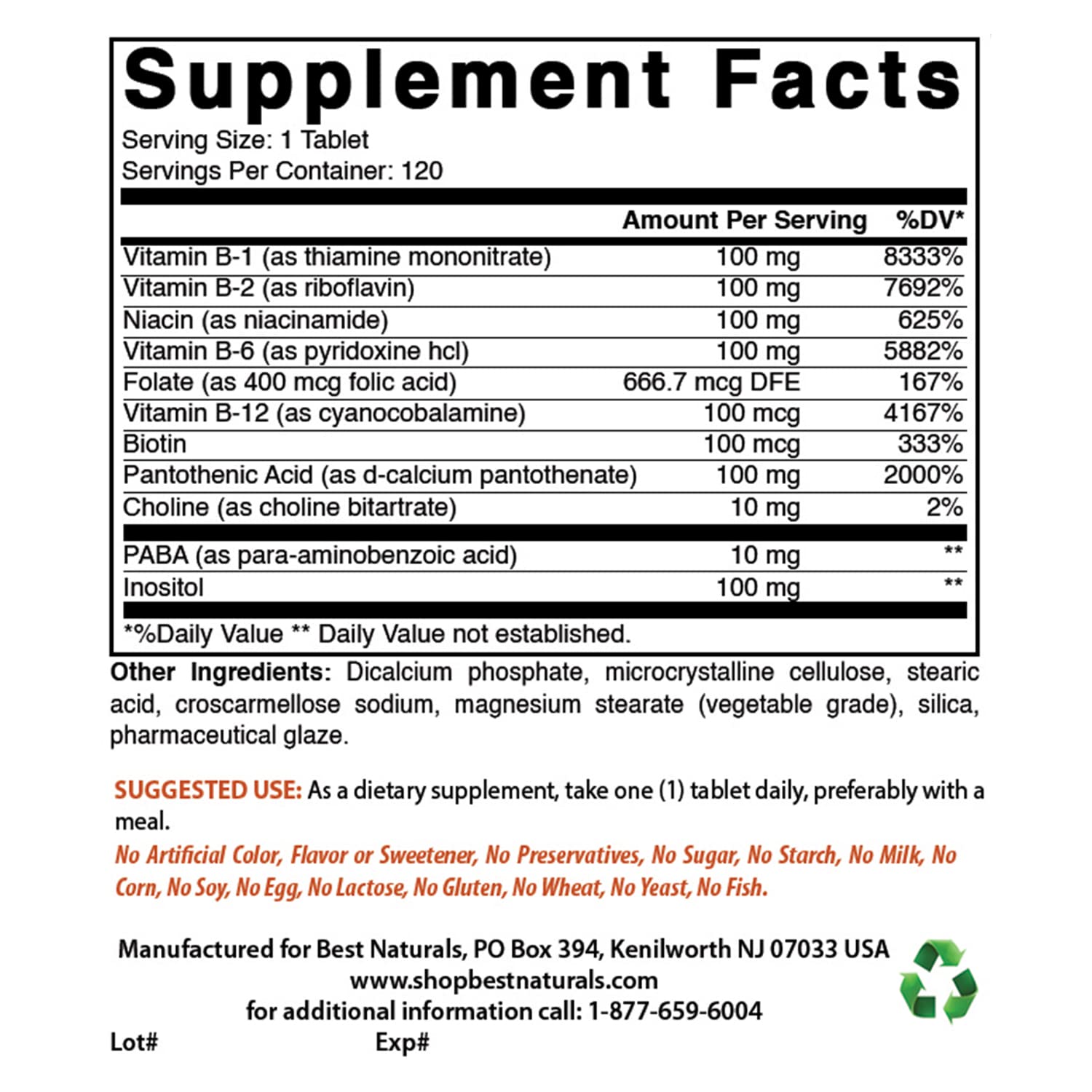 Close-up of Best Naturals B-100 Complex label showing clear ingredients for daily energy support