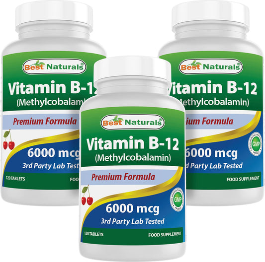 Best Naturals B12 methylcobalamin tablets close-up showing 6000 mcg potency for daily energy support