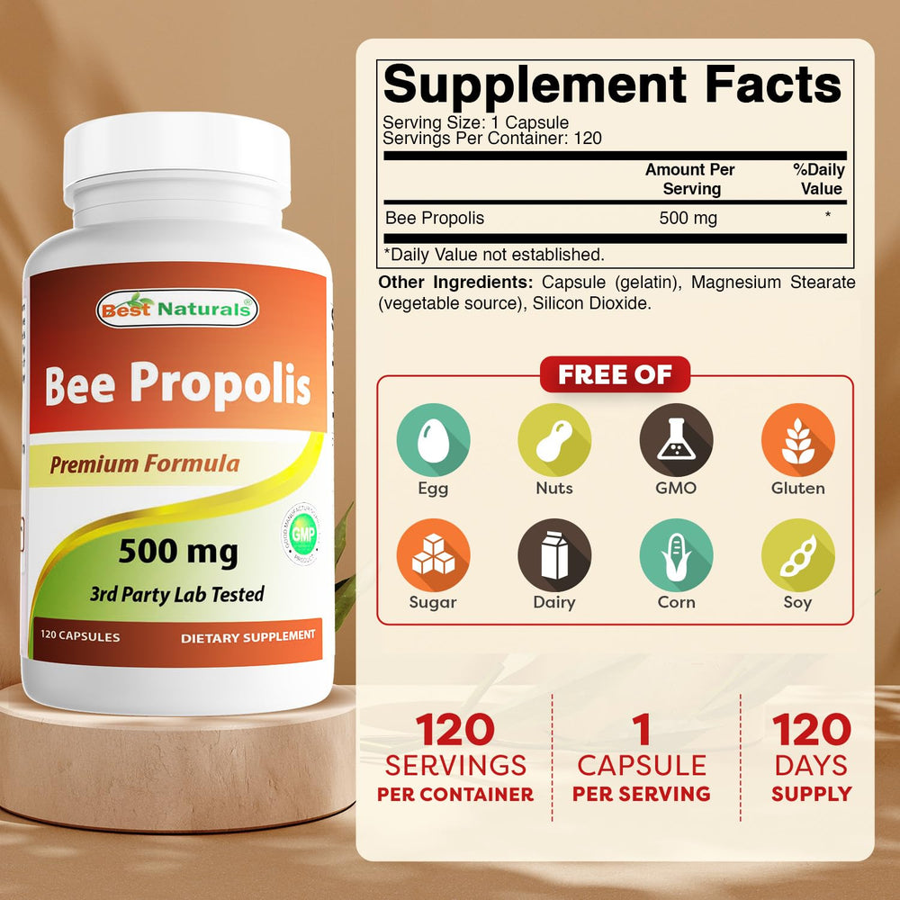 Best Naturals Bee Propolis 500 mg capsules closeup for daily immune support