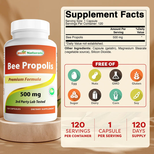 Best Naturals Bee Propolis 500 mg capsules closeup for daily immune support